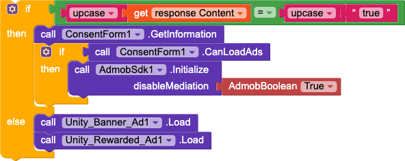A block-based programming snippet checks if the uppercase response content equals 'TRUE' and then either retrieves consent information and conditionally initializes Admob SDK with mediation disabled or loads Unity banner and rewarded ads. (Captioned by AI)