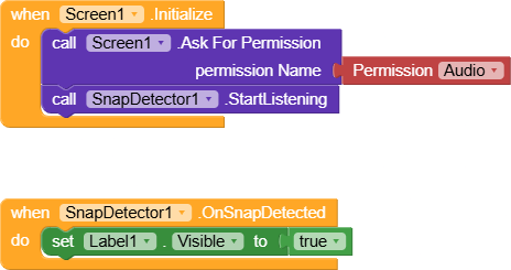 This image shows a block-based programming snippet where the app requests audio permission and starts listening when initialized, and sets a label to visible when a snap is detected by SnapDetector1. (Captioned by AI)