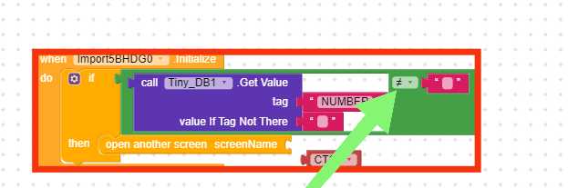 This image shows a block-based programming interface with a conditional statement checking if the value retrieved from Tiny_DB1 with tag "NUMBER" is not equal to zero, and if true, it triggers an action to open another screen. (Captioned by AI)