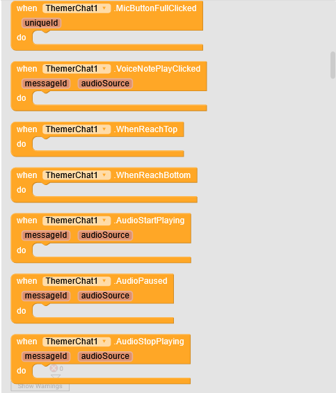 This image shows a visual programming interface with several event-driven code blocks related to audio playback and microphone button interactions for an object named 'ThemerChat1'. (Captioned by AI)