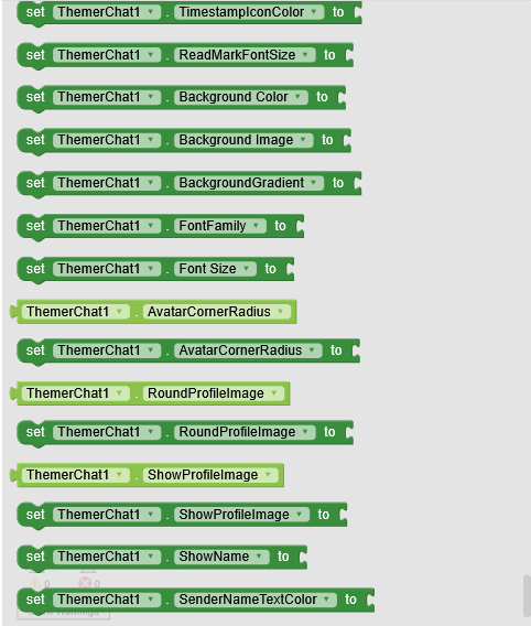 A series of green code blocks in a visual programming environment configuring various properties of 'ThemerChat1', such as colors, fonts, background settings, avatar appearance, and display options. (Captioned by AI)