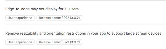 A software update note mentions that edge-to-edge display may not be available for all users and advises removing resizability and orientation restrictions to support large screen devices. (Captioned by AI)
