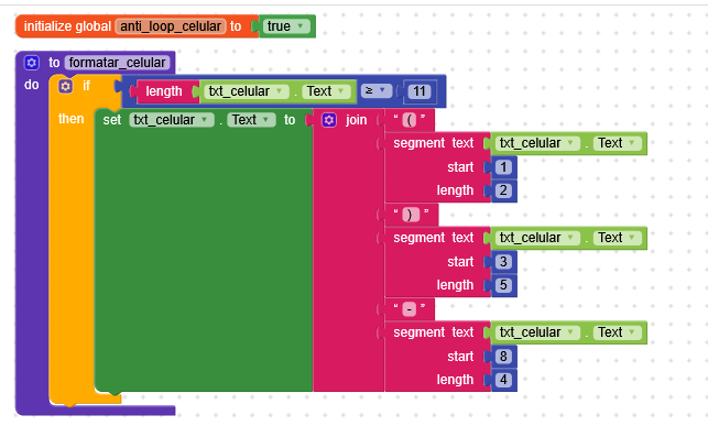 A block-based programming script that formats a cellular phone number by checking its length and rejoining segments of the text input with specific lengths and positions. (Captioned by AI)
