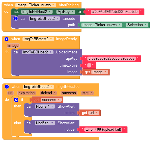 A block-based programming script that handles image selection, encoding, uploading to ImgBBHost with an API key, and notification of success or upload failure. (Captioned by AI)