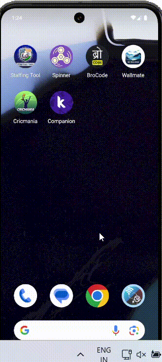 The image shows a smartphone home screen with various app icons including Staffing Tool, Spinner, BroCode, Wallmate, Cricmania, and Companion, along with navigation and status bars. (Captioned by AI)