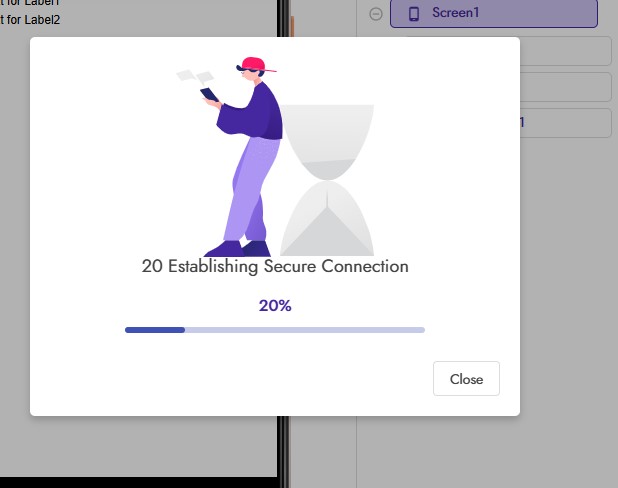 A progress window shows a 20% completion for establishing a secure connection, featuring an illustration of a person reading a book next to an hourglass icon. (Captioned by AI)