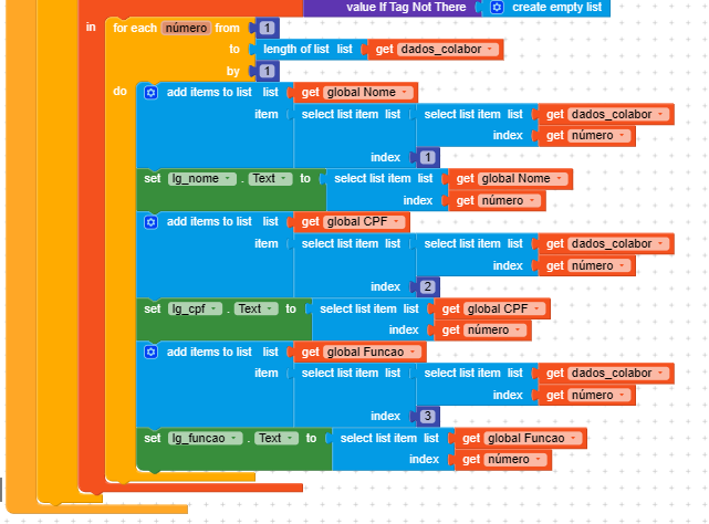 A block-based programming script that iterates through a list to extract and assign specific elements such as name, CPF, and function to global variables and interface text fields. (Captioned by AI)