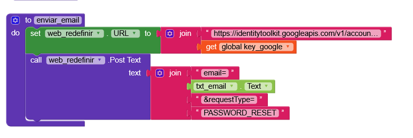 A block-based programming script sends a password reset request via email using a web API endpoint with a global key and email input text. (Captioned by AI)
