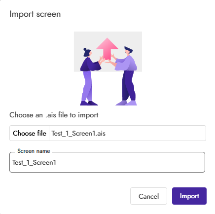 A screen interface showing an import option for choosing and importing a .ais file with input fields for file selection and screen name, accompanied by an illustration of two people holding a pink upward arrow. (Captioned by AI)
