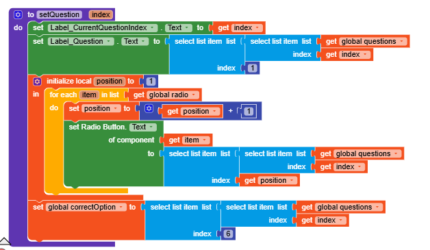 A visual code block script for a quiz app that sets a question and its multiple-choice radio button options, iterating through a list of questions to update the interface. (Captioned by AI)