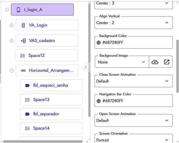 A software interface showing a hierarchical view of UI elements and their layout properties, including alignment, background colour, and animation settings. (Captioned by AI)