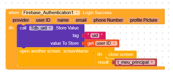 A block of programming code that triggers on Firebase login success to store the user ID and then opens another screen while closing the current one. (Captioned by AI)