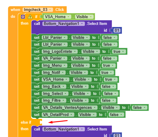 This image shows a block-based code snippet for a user interface that sets the visibility of various components and selects a navigation item when an image is clicked, with conditional logic checking if a certain element is visible. (Captioned by AI)