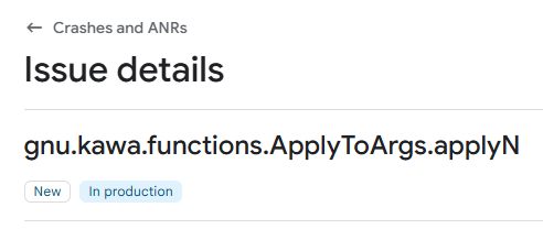 A software issue details page showing a function named gnu.kawa.functions.ApplyToArgs.applyN labeled as New and In production. (Captioned by AI)