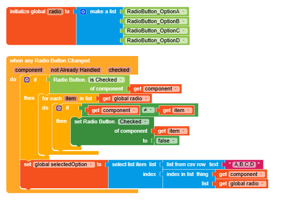 A block-based visual programming script that manages the state of radio buttons, ensuring only one button is checked at a time and updates a selected option variable accordingly. (Captioned by AI)