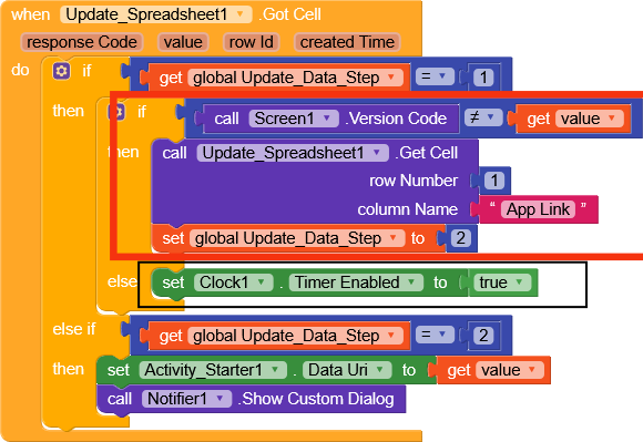 The image shows a block-based programming interface with nested conditional statements managing spreadsheet updates, version checks, timer enabling, data URI setting, and displaying a custom dialog. (Captioned by AI)