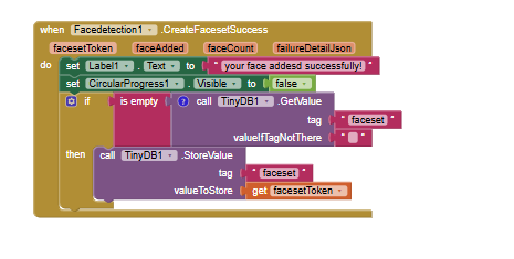 This image shows a visual programming block for an event handler that updates a label, hides a progress indicator, and stores a face detection token in a database if not already present. (Captioned by AI)