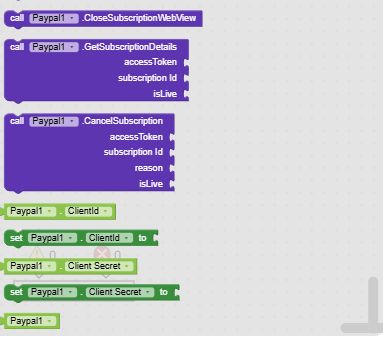 The image displays a block-based programming interface with blocks related to PayPal subscription management, including closing a subscription web view, getting subscription details, canceling a subscription, and setting client ID and client secret properties. (Captioned by AI)