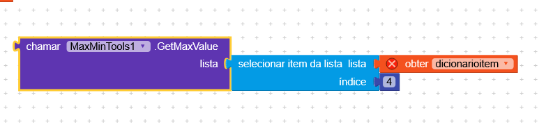 A block-based programming interface showing a function call to get the maximum or minimum value from a list, with a specific item selection from a dictionary item at index 4. (Captioned by AI)