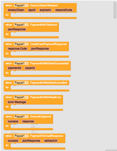 A visual programming interface displaying event-driven blocks for handling various PayPal payment events such as token access, payment information retrieval, payment responses, web view success or cancellation, errors, amount capture, and email response handling. (Captioned by AI)