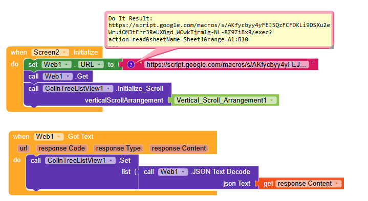 This image shows a block-based programming interface where a web URL is set and a web request is made to fetch JSON data, which is then decoded and used to populate a scrollable list component upon screen initialisation. (Captioned by AI)