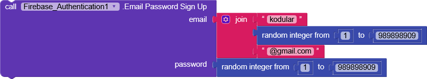 A code block illustrating a Firebase Authentication email and password sign-up process using randomly generated email addresses and passwords. (Captioned by AI)