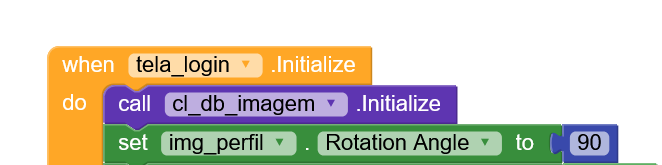 A visual programming code block that initializes a database component and sets the rotation angle of an image profile to 90 when the login screen initializes. (Captioned by AI)