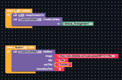 The image shows a block-based programming interface with code to initialize a list view and add an item to it when a button is clicked. (Captioned by AI)