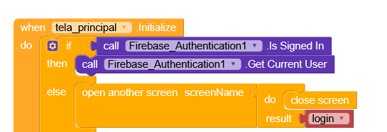 The image shows a block-based code snippet that checks if a user is signed in using Firebase Authentication, retrieves the current user if signed in, and otherwise opens a login screen while closing the current screen. (Captioned by AI)