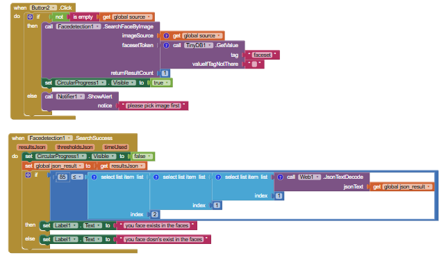 This image shows a block-based programming script for a face detection application using buttons to trigger image search and display results based on whether a face is detected or not. (Captioned by AI)