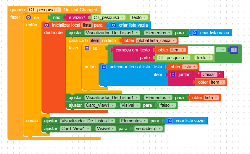 A colourful block-based programming script with nested conditional logic and list manipulations for handling text input and visual element visibility. (Captioned by AI)