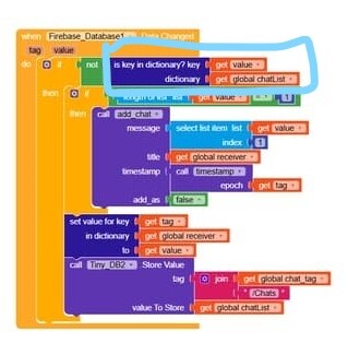 A visual programming interface featuring colored blocks representing code logic for handling dictionary operations and storing chat data in a database. (Captioned by AI)