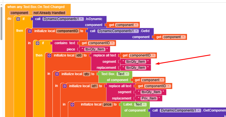 A colourful block-based coding interface is shown, featuring conditional logic and local variable initialisations related to dynamic components and text box changes. (Captioned by AI)