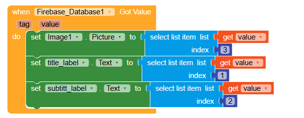 This image shows a block of code from a visual programming environment that sets an image and two text labels based on items selected from a list obtained from a Firebase database when a value is received. (Captioned by AI)