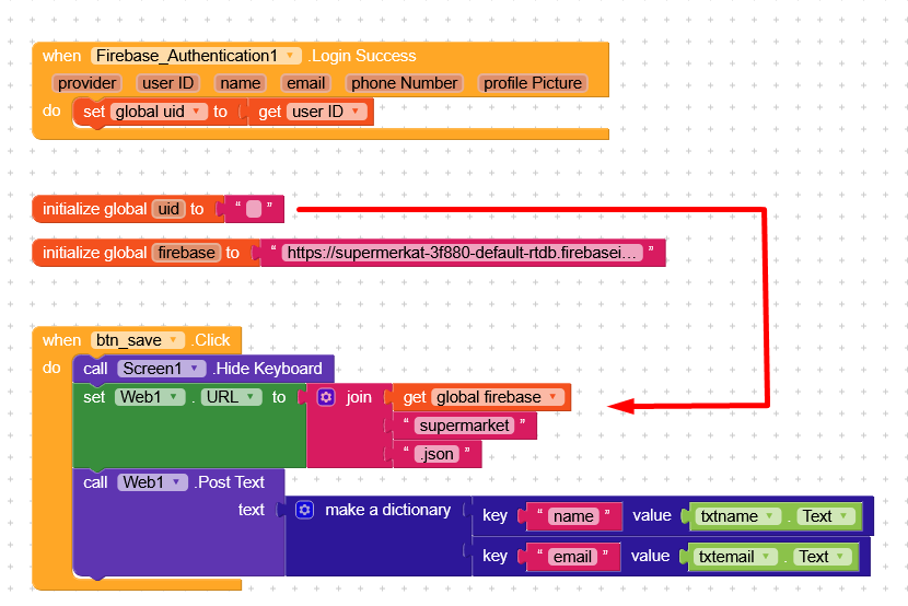 This image shows a block-based programming script for Firebase Authentication, initialising global variables, and handling a save button click event to post user name and email data to a specified URL. (Captioned by AI)