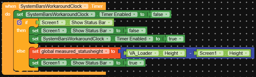 A block-based programming snippet that manages the enabling and disabling of a timer and adjusts the status bar visibility and height measurement based on screen status. (Captioned by AI)