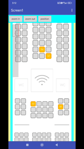 A mobile app interface displaying a seating layout with options to zoom in, zoom out, and adjust position, highlighting several seats in orange and grey icons representing seats and restrooms. (Captioned by AI)