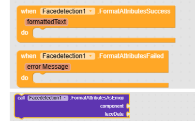 The image shows a visual programming interface with blocks related to 'Facedetection1' events and a call to format attributes as emoji using face data. (Captioned by AI)