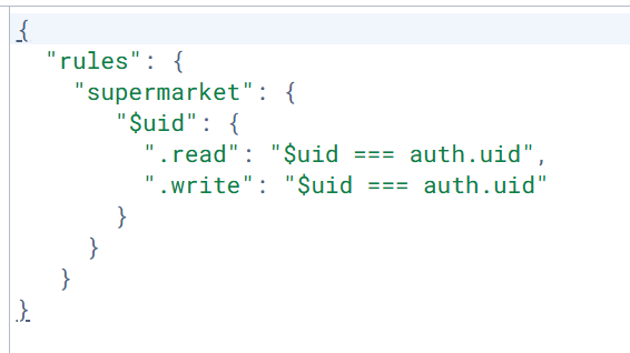 This image shows a JSON snippet defining database rules where users can read and write data only if their user ID matches the authenticated user's ID. (Captioned by AI)
