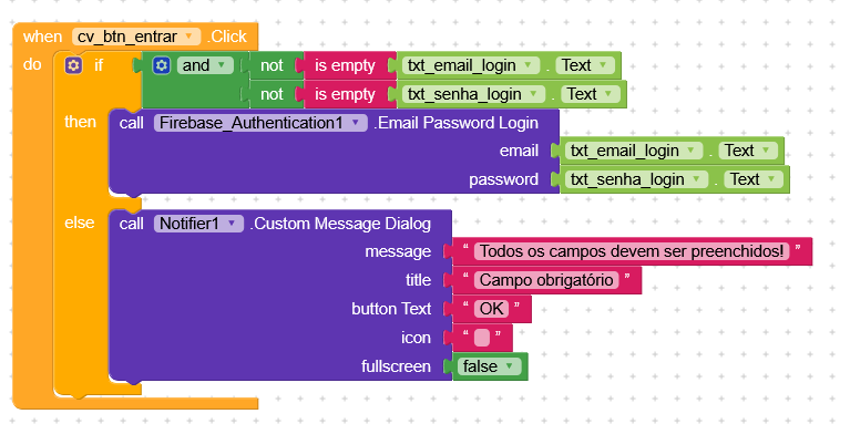 A visual programming code snippet for a button click event that checks if email and password fields are not empty before attempting Firebase email-password login, otherwise showing a custom message dialog indicating required fields in Portuguese. (Captioned by AI)