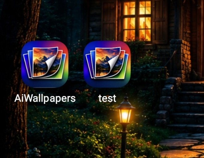 A nighttime scene of a warmly lit house entrance with stone steps and a lamp post, overlaid with two app icons labeled 'AiWallpapers' and 'test.' (Captioned by AI)